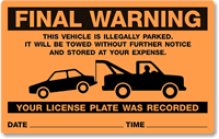 Final Warning Illegally Parked Towed Sticker