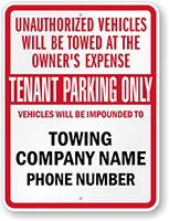 Custom Tenant Parking Only Tow Away Sign (Alabama & Florida)