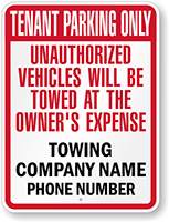 Custom Tenant Parking Only, Unauthorized Vehicles Towed Sign (Illinois & Michigan)