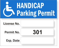 Parking Permit, Handicapped Prenumbered 301-400, Vinyl Decals