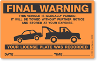 Final Warning Illegally Parked Towed Sticker